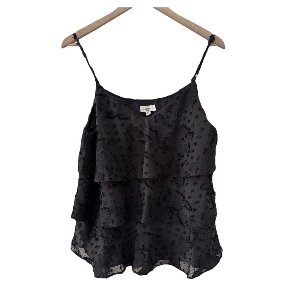 Entro Cami Top Medium Black Tiered Eyelash Fringe Floral Stripe Boho Camisole